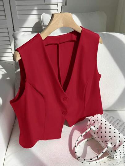 Comfortcana Plus Size Lightweight Rose Red Suit Vest, Suitable For Graduation, Back To School, Teacher Outfits In Autumn/Winter