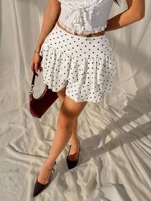 SHEIN EZwear 女士休闲度假通勤波点印花层叠下摆半身裙，夏季 - 白色 - 查看 4