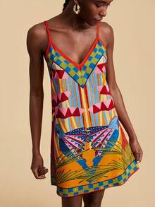 Travachic 女士几何印花休闲迷你吊带连衣裙，热带风情，波西米亚风，西部风情，热带鹦鹉图案，适合夏季度假，夏季连衣裙，夏季服装，女士夏季连衣裙，女士沙滩装，女士沙滩度假装，女士度假装，女士休闲连衣裙 - 彩色 - 查看 1