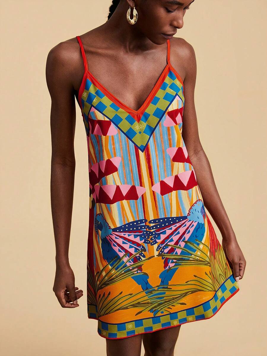 Travachic 女士几何印花休闲迷你吊带连衣裙，热带风情，波西米亚风，西部风情，热带鹦鹉图案，适合夏季度假，夏季连衣裙，夏季服装，女士夏季连衣裙，女士沙滩装，女士沙滩度假装，女士度假装，女士休闲连衣裙 - 彩色 - 查看 1