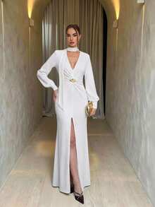 Firerie 女士休闲、优雅、性感深V领连衣裙/派对连衣裙/情人节连衣裙/长袖白色连衣裙/早春连衣裙/春季连衣裙/情人节连衣裙/女士优雅派对连衣裙/女士婚礼宾客连衣裙/女士白色连衣裙 - 白色 - 查看 1