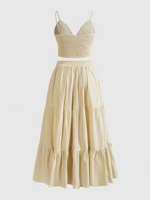 ROMWE Country Vintage Hippie Sun Moon Star Embroidered Camisole Top And Maxi Skirt Plus Size 2-Piece Set - Apricot - View 2