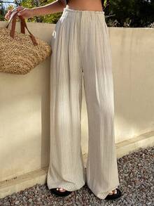 DAZY Striped Elastic Waist Wide Leg Pants, Casual Vacation Summer Trousers For Women - Apricot - View 5