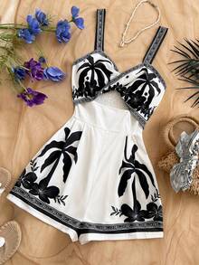 Soleia Mono sin mangas con estampado de palmeras y diseño calado para mujer, ideal para vacaciones - Blanco y Negro - Ver 3