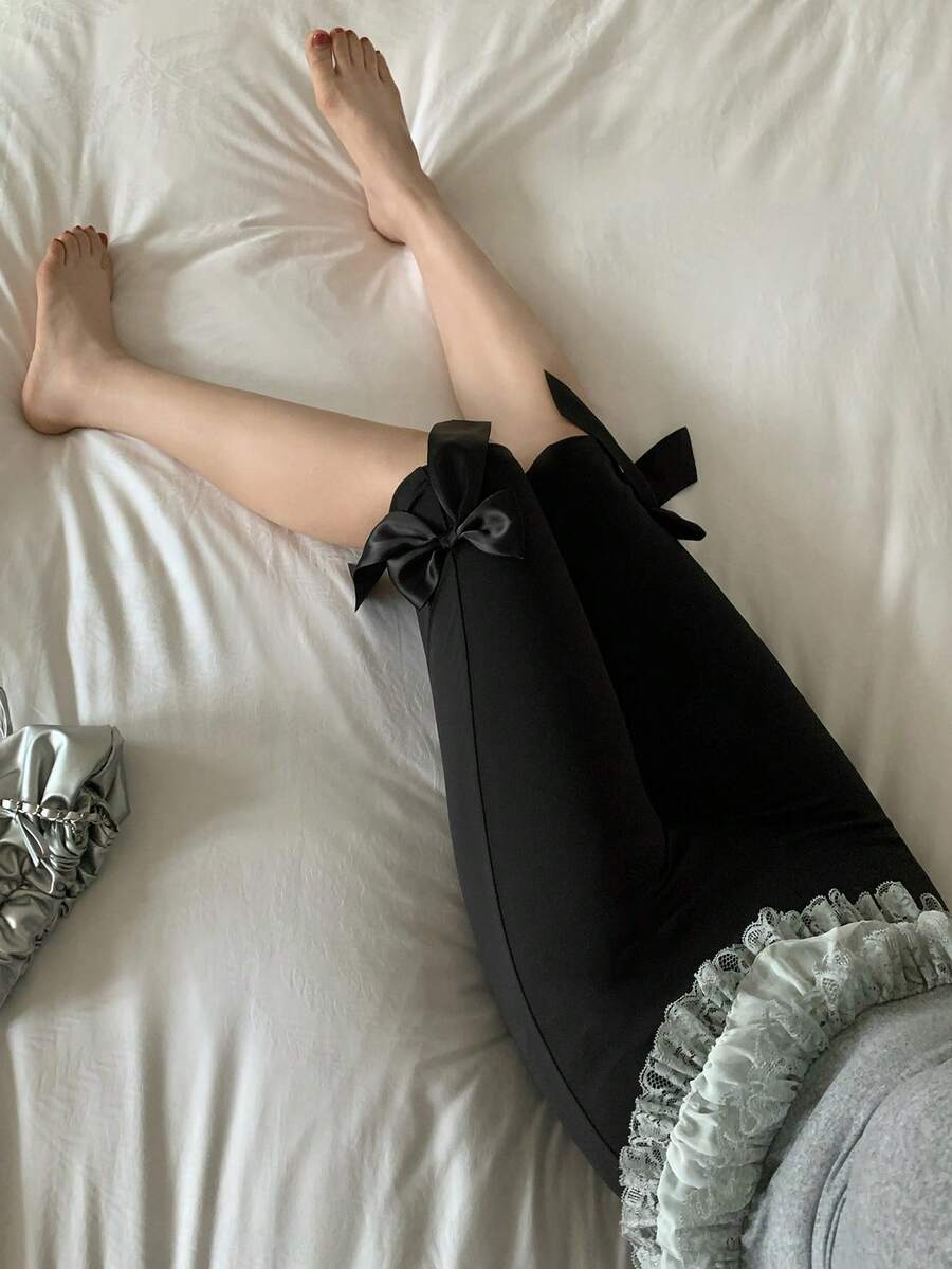 FRIFUL 女士修身紧身七分裤，侧边蝴蝶结装饰，纯色夏季打底裤 - 黑色 - 查看 1
