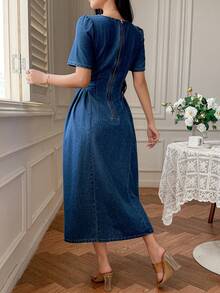 DAZY Đầm denim nữ dáng suông, cổ tròn, tay cánh hoa, chất liệu denim mài, thích hợp cho mùa hè. - Rửa trung bình - Xem 2