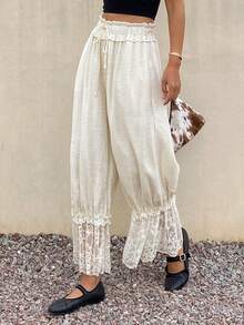 Livesso Women's Lace Patchwork Cream White Casual Pants,Drawstring Waist Boho Summer Holiday Vacation,Spring Picnic Beach,Music Festivals Wedding Commuting - White - View 3
