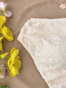 SHEIN 少女杏色针织提花修身不对称褶皱短款上衣，适合春夏穿着，休闲、优雅、日常百搭。 - 杏色 - 查看 4