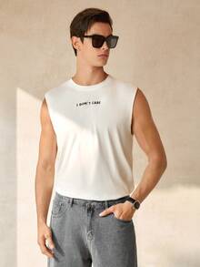 RONVEXI 男士字母印花圆领休闲宽松背心，夏季 - 白色 - 查看 1