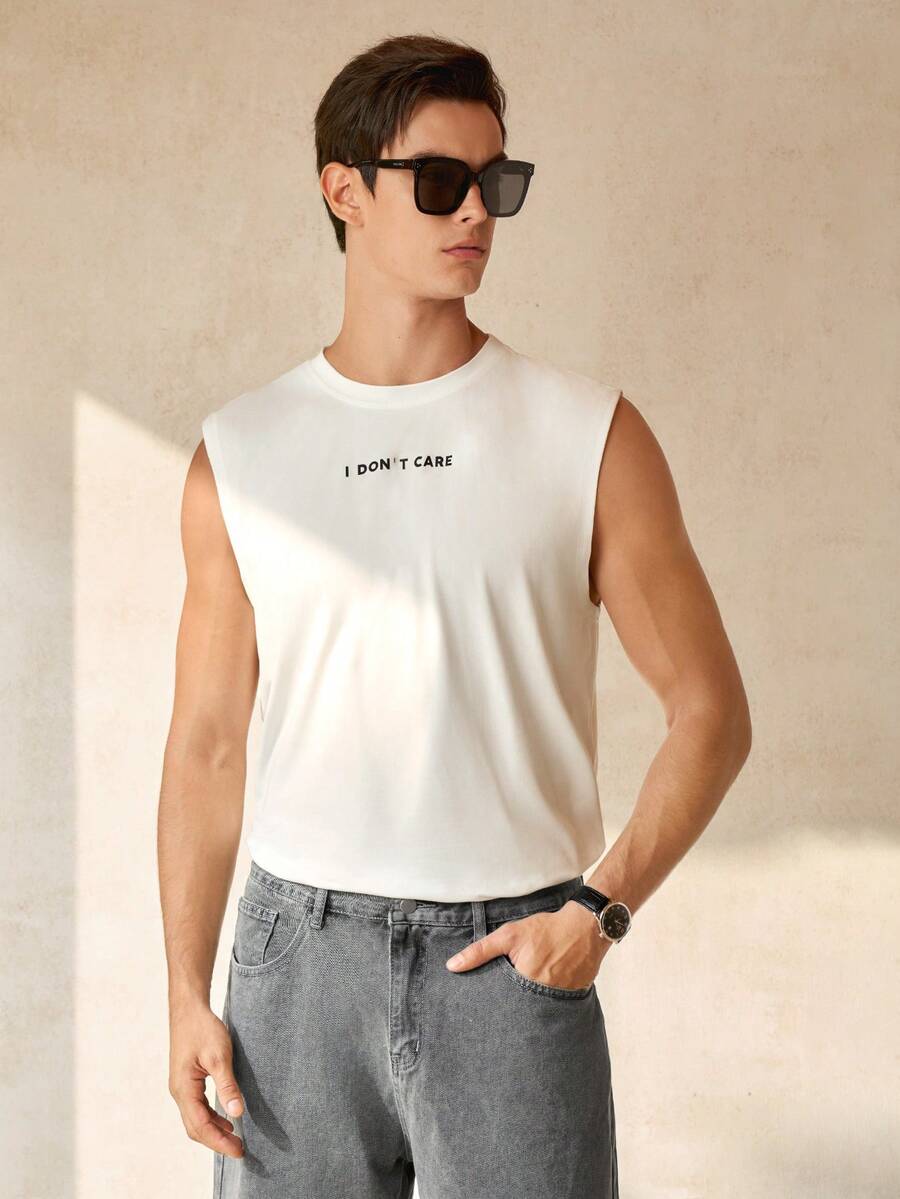 RONVEXI 男士字母印花圆领休闲宽松背心，夏季 - 白色 - 查看 1