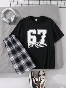 SHEIN 2pcs Baju Santai Kasual Lengan Pendek Katun Motif Kotak-kotak Huruf & Angka untuk Remaja Laki-laki, Cocok untuk Musim Semi & Musim Panas - MultiWarna - View 3