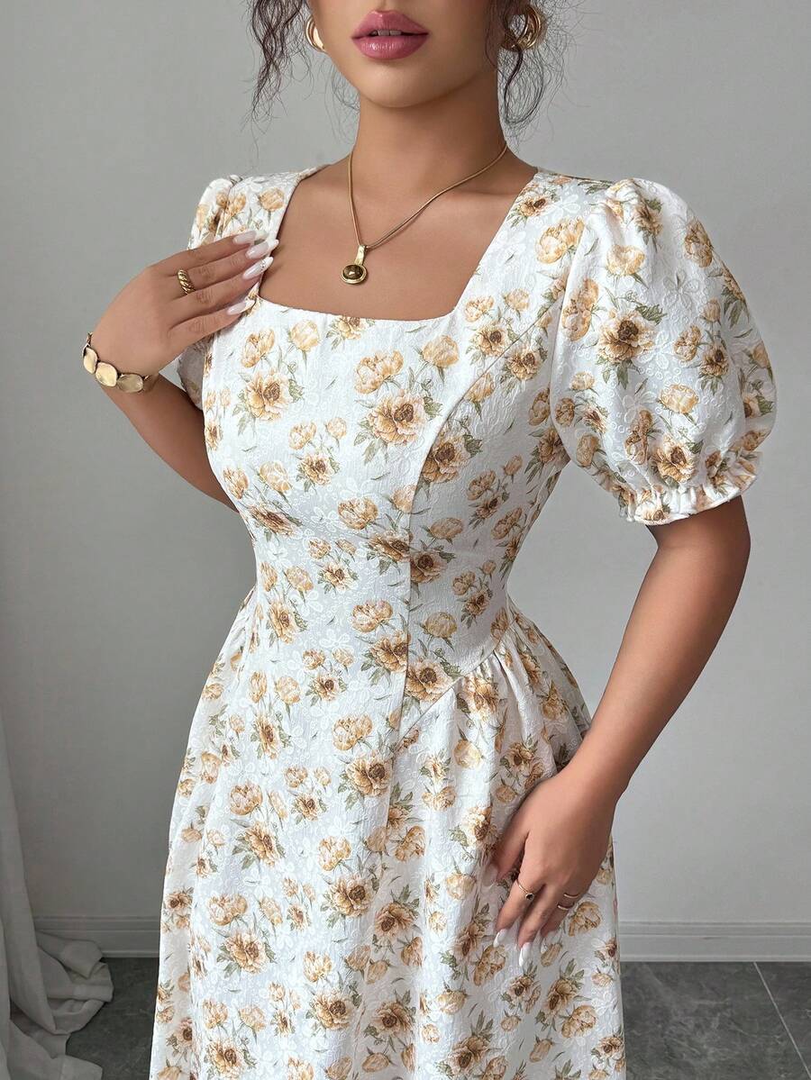 Modelyn Women's Short Petal Sleeve Fashionable Romantic New Yellow Jacquard Fabric Dress - Light Yellow - View 1