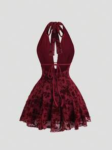 Sweetra New Spring/Summer Flocked Halter Neck Dress, Waist Cinching Slimming A-Line Silhouette, Suitable For Parties, Birthday Celebrations - Burgundy - View 1