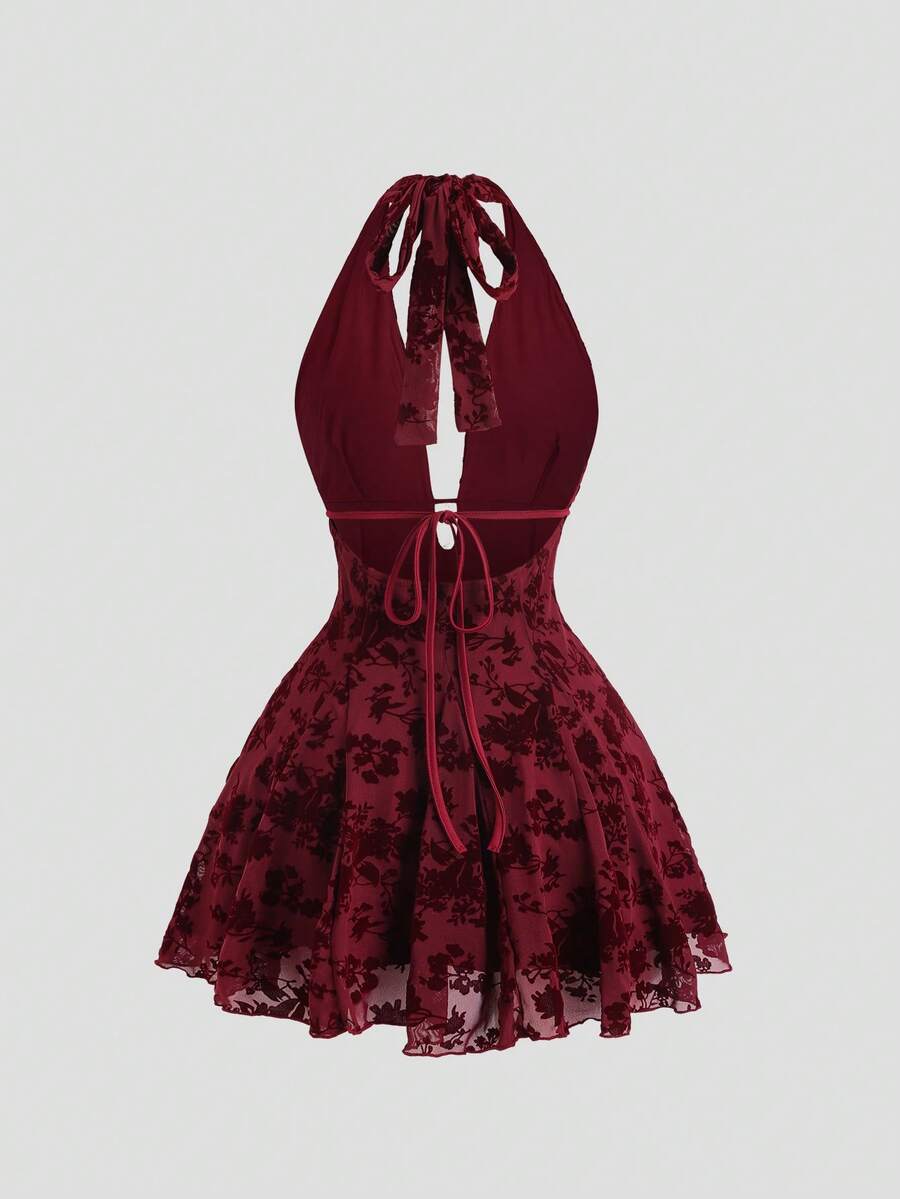 Sweetra New Spring/Summer Flocked Halter Neck Dress, Waist Cinching Slimming A-Line Silhouette, Suitable For Parties, Birthday Celebrations - Burgundy - View 1