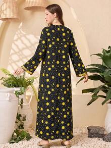 SHEIN Kids Teen Girl Floral Print Pattern Gold Ribbon Loose Casual Dress Embroidered Neckline Dress Long Modest Dresses Black And Yellow Dress Floral Print Dress Embroidered Dress Black Gold Dress Sunflower Floral Print Dress Ladies Floral Dress Black Dress With Yellow Flowers Ladies Dress Long Sleeve Dress,Kids - Black - View 2