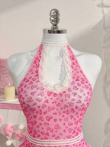 PetitDoll Women's Lace Patchwork Heart Print Backless Halter Sexy Bodysuit - Pink - View 9