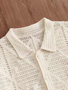 SWAVVY Top tricoté à manches courtes, motif diamant de couleur unie, décontracté, pour l'été - Beige - Voir 4