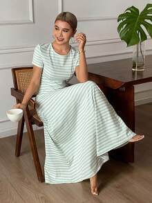 DAZY Đầm dài kẻ sọc tươi tắn, thắt eo, thích hợp mặc nhà cho nữ. - màu xanh lá - Xem 5