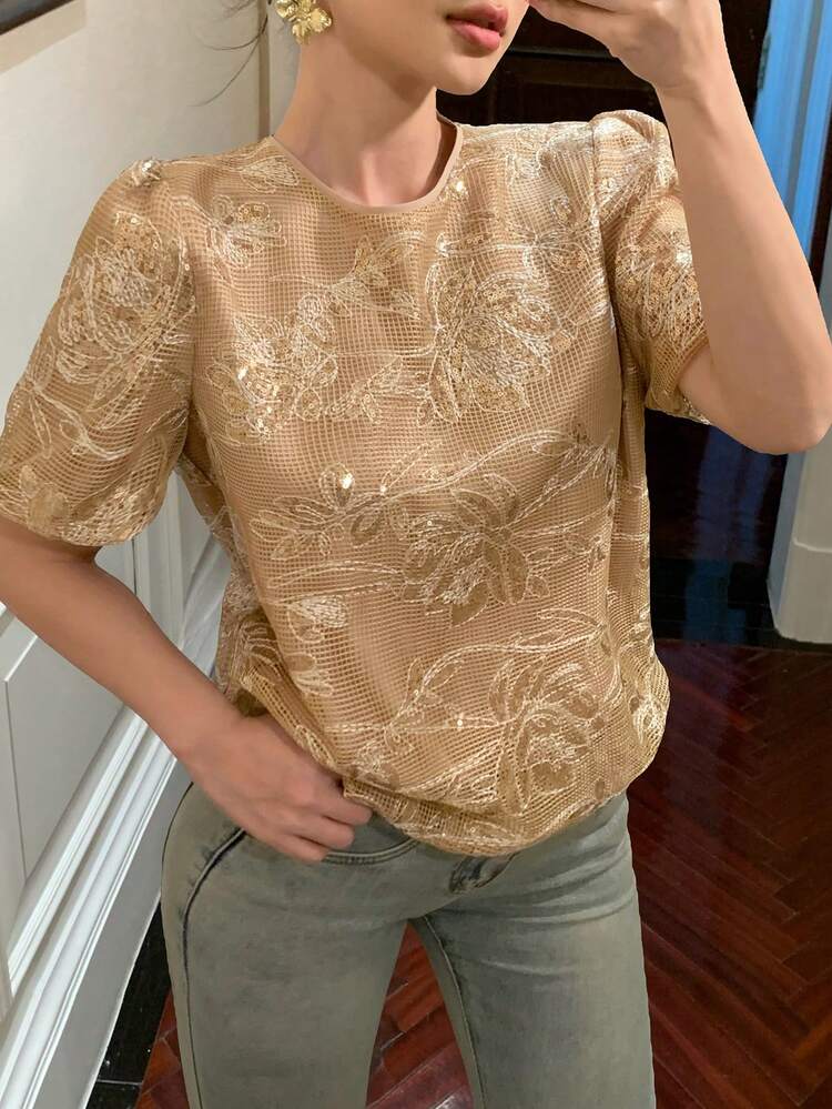 Women's Loose Fit Sequin Petal Sleeve Blouse