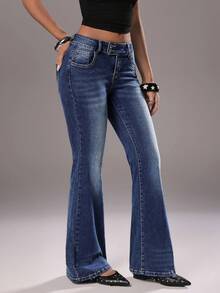 TRNVIE Double-Button Elastic Fitted Low-Waist Fashionable Flare Leg Jeans - Blue - View 5