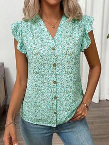 SHEIN Clasi 女士粉色碎花荷叶边短袖上衣 - 薄荷綠 - 查看 7