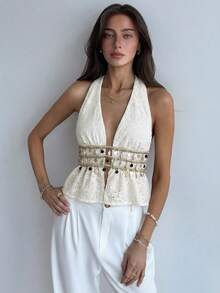 Aloruh 女士度假风深V亮片装饰性感吊带上衣 - 杏色 - 查看 6