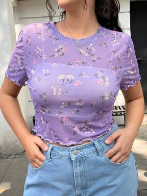 GalTyme 플러스플러스 사이즈 여성 여름 휴가 메쉬 시어 퍼플 플로럴 패턴 러플 헴 피트 반팔 티셔츠
