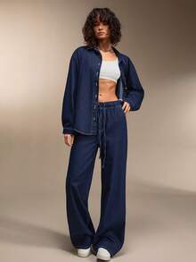 SHEIN Denim Summer Two Pieces Denim Set Elastic Thin Fabric Pant And Embroidery Shirt - Dark Wash - View 3