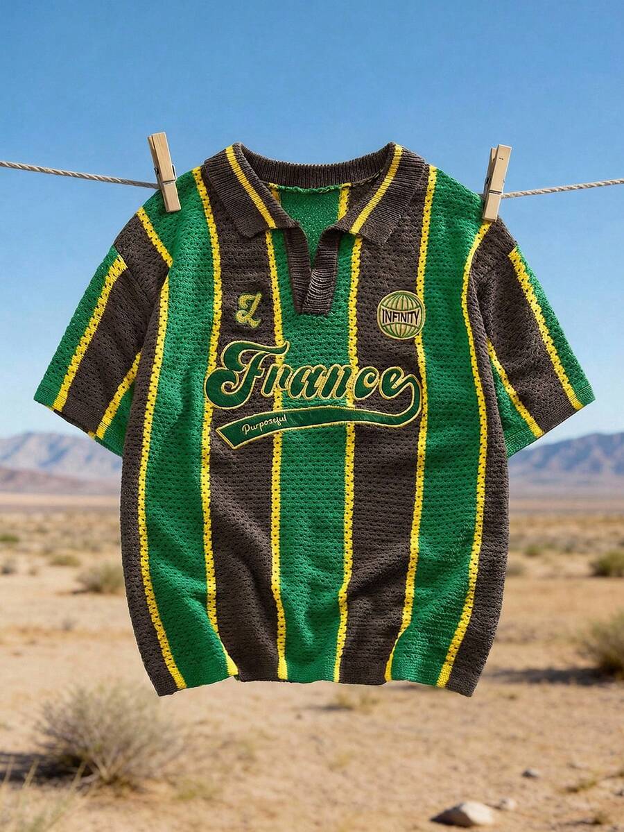 ROMWE MEN Men's Retro Football Collar Knit Sweater - Brown - View 1