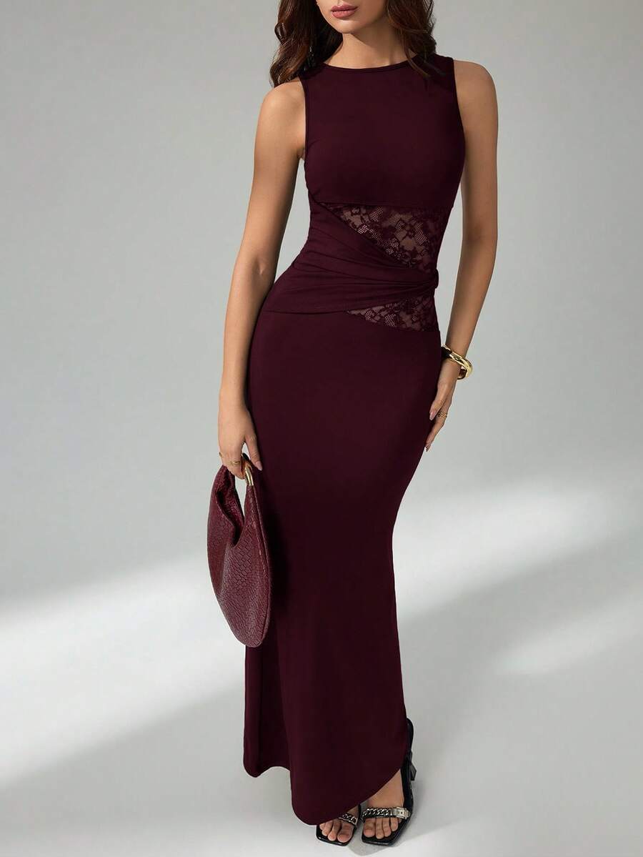 SHEIN Tall Damen Schwarzes Elegantes Spitzen-Stich Lange Kleid, Elegante Damenkleider, Partyoutfits, Neujahrsoutfit, Neujahr, Sommer, Große Frauen - Rot-violett - Übersicht 1