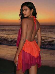 Nevyona 吊带飘逸渐变印花露背短裙，花卉装饰喇叭裙摆优雅俏皮派对连衣裙，适合海滩度假、情人节外出 - 橘色 - 查看 2