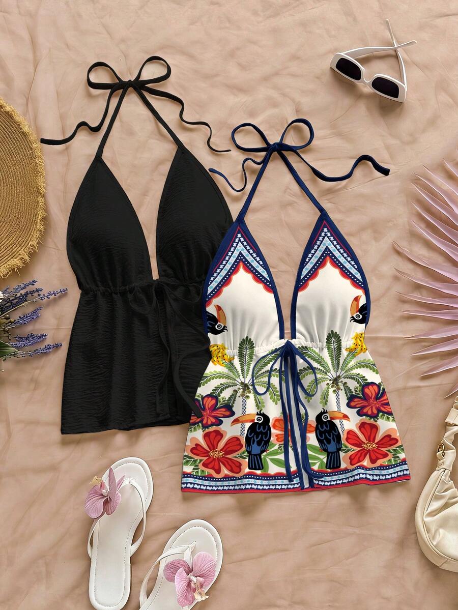 Soleia 2pcs Women's Tropical Rainforest Palm Tree Bird Retro Print & Solid Black Halter V-Neck Backless Woven Cami Top Set, Vacation Beach Cruise Boho Music Festival Concert Wedding Guest City Trip Island G - Multicolor - View 1