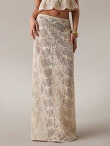 SHEIN BAE 杏色纹理钩编网纱提花半身裙，薄纱长裙，优雅半身裙，度假沙滩裙，夏季 - 杏色 - 查看 6