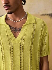 ROMWE MEN Men's Turndown Collar Short Sleeve Casual Loose Knit Jacquard Top - Yellow - View 2
