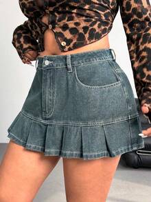 SHEIN EZwear 大码性感牛仔迷你裙 - 霧霾藍 - 查看 5