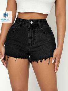 SHEIN PETITE Quần short denim bó ống rộng có túi xéo cho nữ mùa hè - màu đen - Xem 1