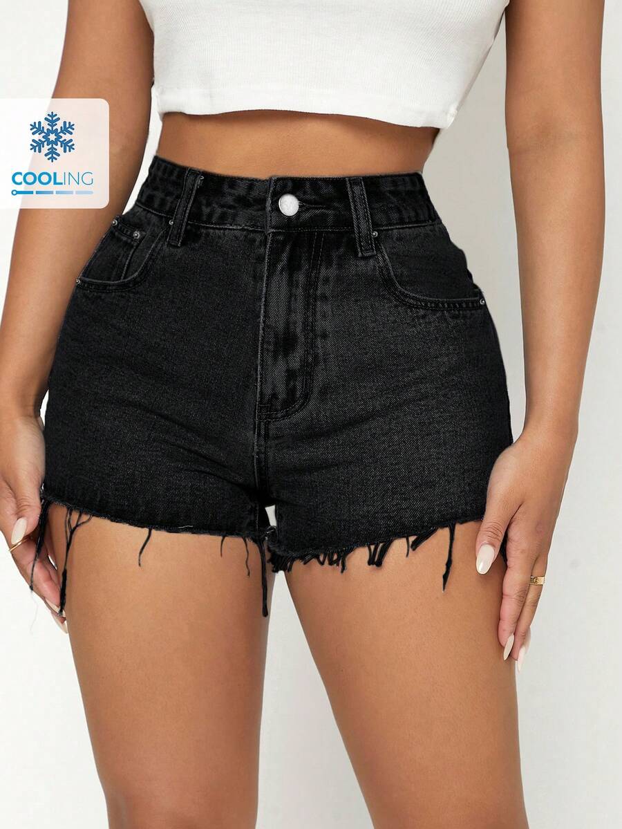 SHEIN PETITE Quần short denim bó ống rộng có túi xéo cho nữ mùa hè - màu đen - Xem 1