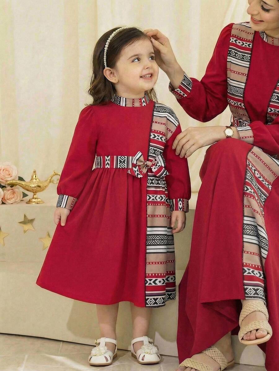 SHEIN Baby Girl Print Bubble Sleeve Dress With Shawl Collar, Elegant Casual Vacation Dress For Spring/Autumn - Burgundy - View 1