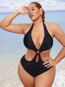 Swim Vcay بدلة سباحة قطعة واحدة للمرأة ذات الحجم الكبير، بتصميم ظهر مفتوح وأشرطة كتف مفرغة وحلقات زخرفية، بلون أحادي جذاب وجريء - الأسود - مشاهدة 5