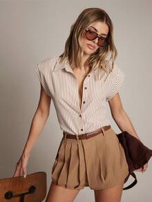 Hauture Women's Shirting Stripe Button Front Sleeveless Blouse Office Wear - Multicolor - View 3