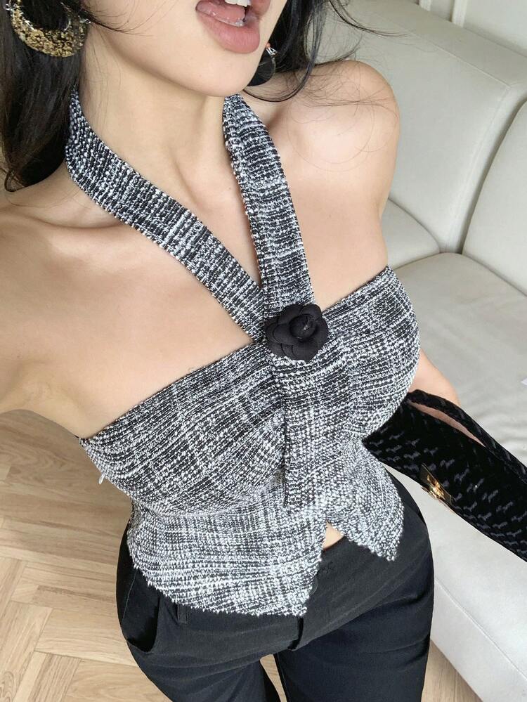 Women's Elegant Halter Neck 3D Floral Blouse, Summer