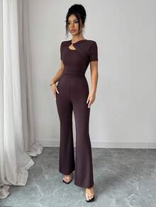 SHEIN Elenzya Twist Hollow Out Bodycon Jumpsuit With Short Sleeves, Cinched Waist, Flared Leg, Commuting & Date Outfit, Sexy Vibe, Figure Flattering - Coffee Brown - View 1