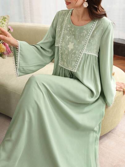 SHEIN Najma Embroidered Floral Lace Patchwork Long Sleeve Dress For Women