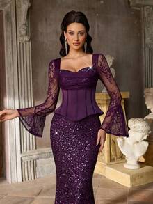 Aureia 优雅奢华亮片刺绣缎面心形喇叭袖连衣裙，饰以褶裥鱼骨设计，弧形腰线和喇叭裙摆，适合晚礼服、商务正装和宾客着装。 - 紫色 - 查看 4