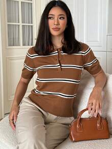DAZY 女士条纹印花半拉链套头短袖针织衫 - 咖啡棕 - 查看 10