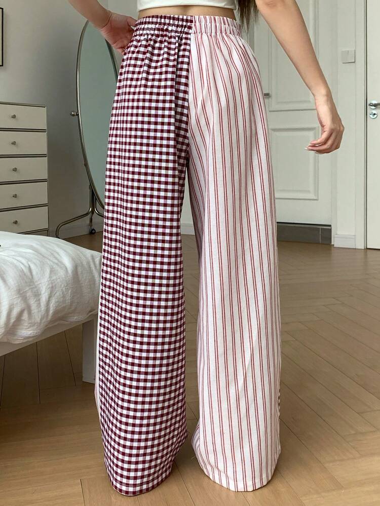 Plaid & Striped Patchwork Loose Women Pajama Bottoms