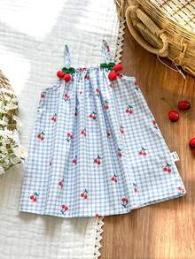 SHEIN Vintaside Kids 女婴彩色花卉丝带拼接条纹A字连衣裙，适合日常休闲和节日场合 - 藍色 - 查看 4