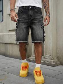 ROMWE MEN Men's Cross Patch Pocket Distressed Casual Denim Shorts - Black - View 2