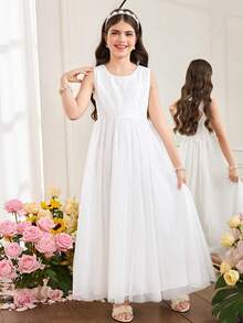 SHEIN 少女优雅圆领无袖蕾丝撞色网纱露背蝴蝶结装饰婚礼花童伴娘公主派对礼服 - 白色 - 查看 3