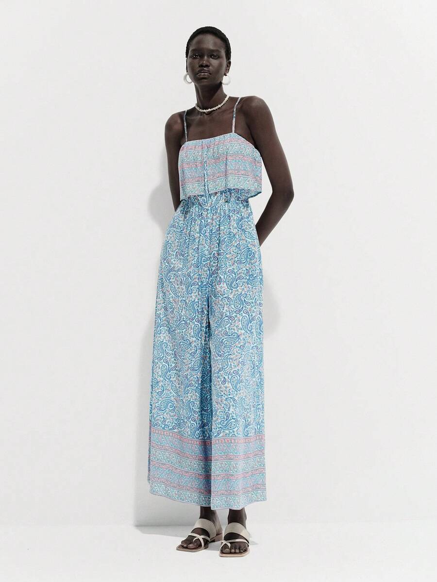 Lumivelle Paisley Floral Print Multi-Color Combination 2 In 1 Spaghetti Strap Backless Waist Cinched Vacation Holiday Casual Sexy Retro Romantic Minimalist Commuter Vacation Extra Long Jumpsuit For Women, Spring/Summer - Baby Blue - View 1